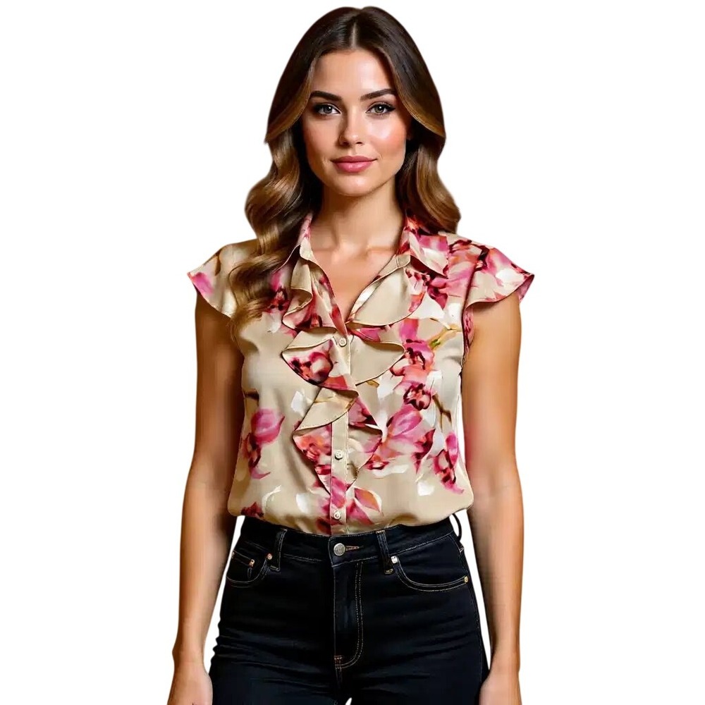 Calvin Klein Floral Ruffle V-Neck Sleeveless Blouse Pink Tan PM Petite Md NWT